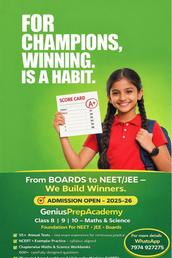Enroll in GeniusPrepAcademy’s NEET & JEE Foundation Course for Class 8, 9 & 10. Maths & Science coaching with 55+ tests, NCERT & Exemplar practice, Olympiad & competency-based questions. Admissions Open 2025–26.
